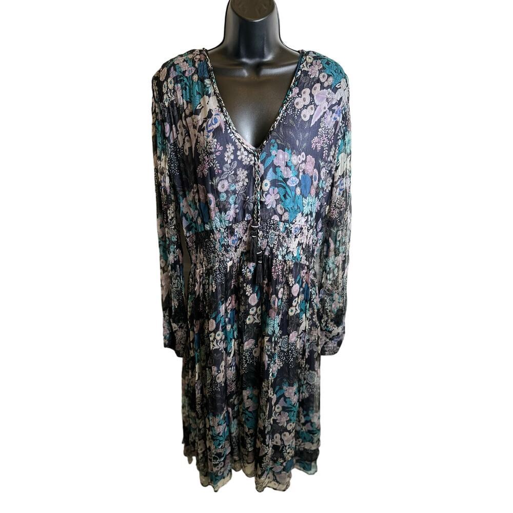 Derhy Floral Drop Waist Long Sleeve Renn Dress Midi LG Whimsigoth 20s Dark Fairy